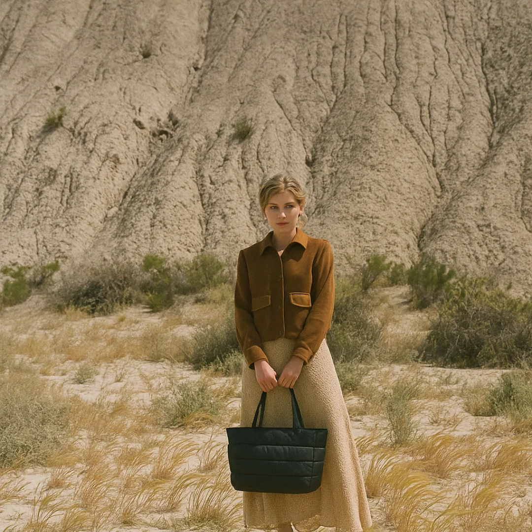 „Modelka stojąca na pustynnym, trawiastym terenie na tle skalistych wzniesień, trzyma przed sobą czarną torbę Softi; stylizowana, naturalna sceneria w odcieniach beżu i brązu.”