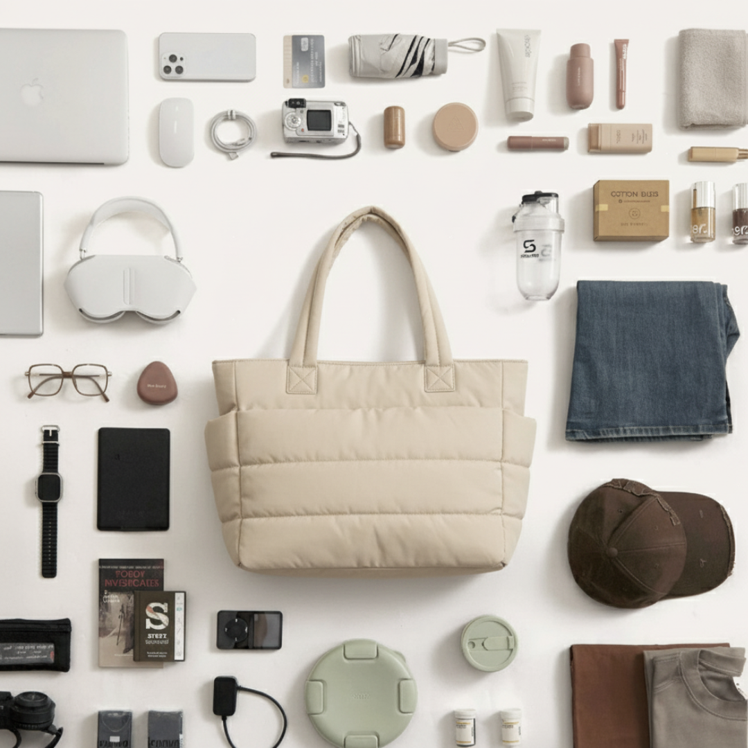 „Kremowa torba Softi ułożona na środku kadru na białym tle, otoczona akcesoriami do spakowania: elektroniką, kosmetykami, ubraniami i drobnymi gadżetami, pokazująca pojemność i przeznaczenie torby.”
