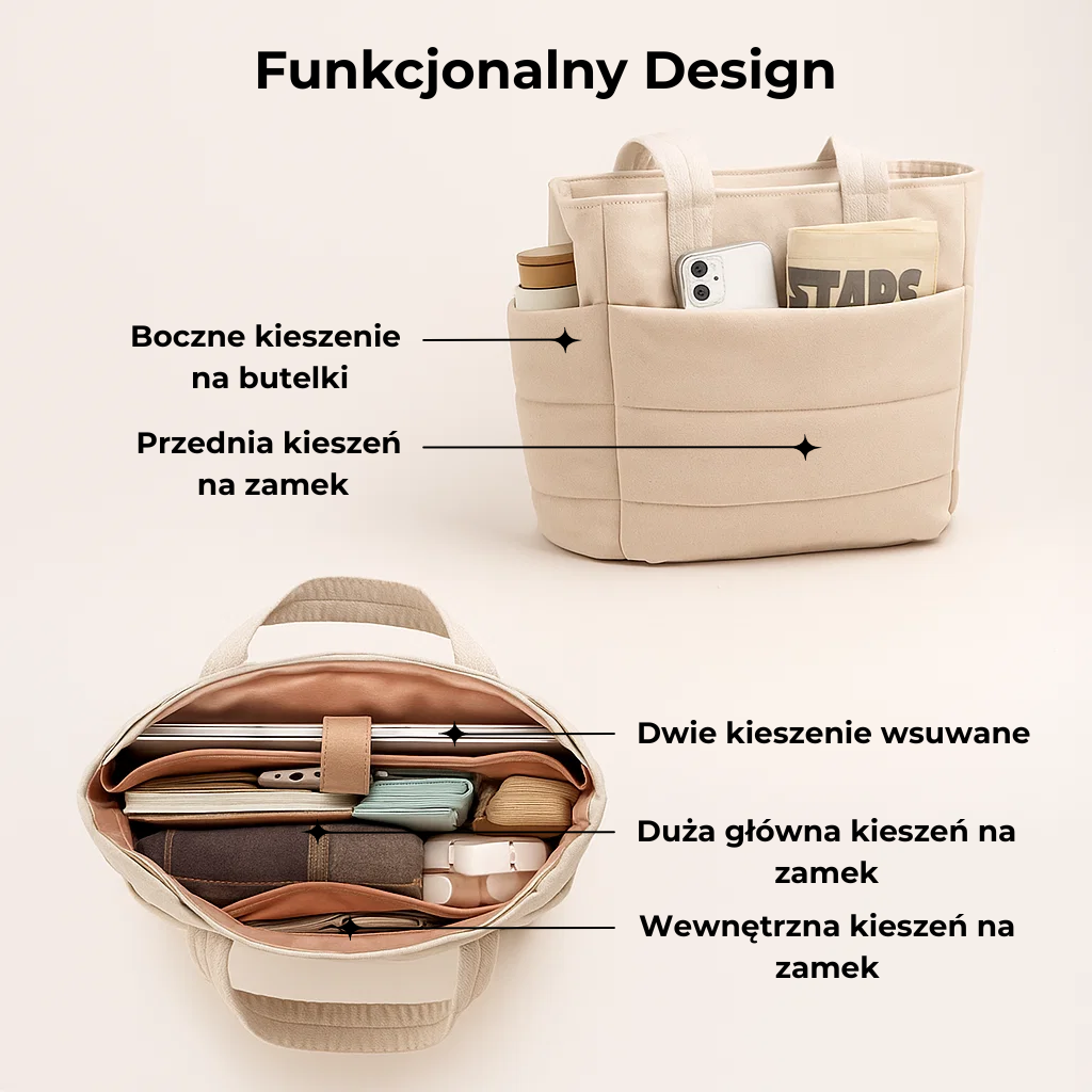 Beżowa torba Softi z pikowanym wykończeniem, widok z zewnątrz i od góry, pokazujący funkcjonalne kieszenie i przegródki.