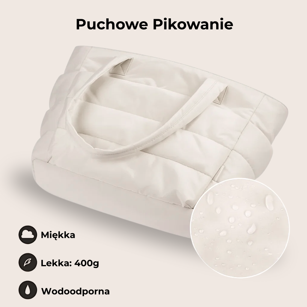 „Beżowa torba Softi z pikowanym wykończeniem, widok z góry z detalem materiału wodoodpornego i informacją o lekkiej wadze.”