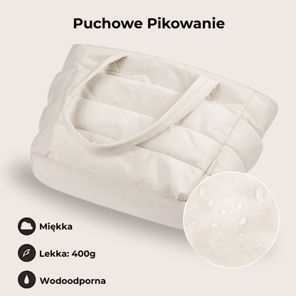 „Beżowa torba Softi z pikowanym wykończeniem, widok z góry z detalem materiału wodoodpornego i informacją o lekkiej wadze.”