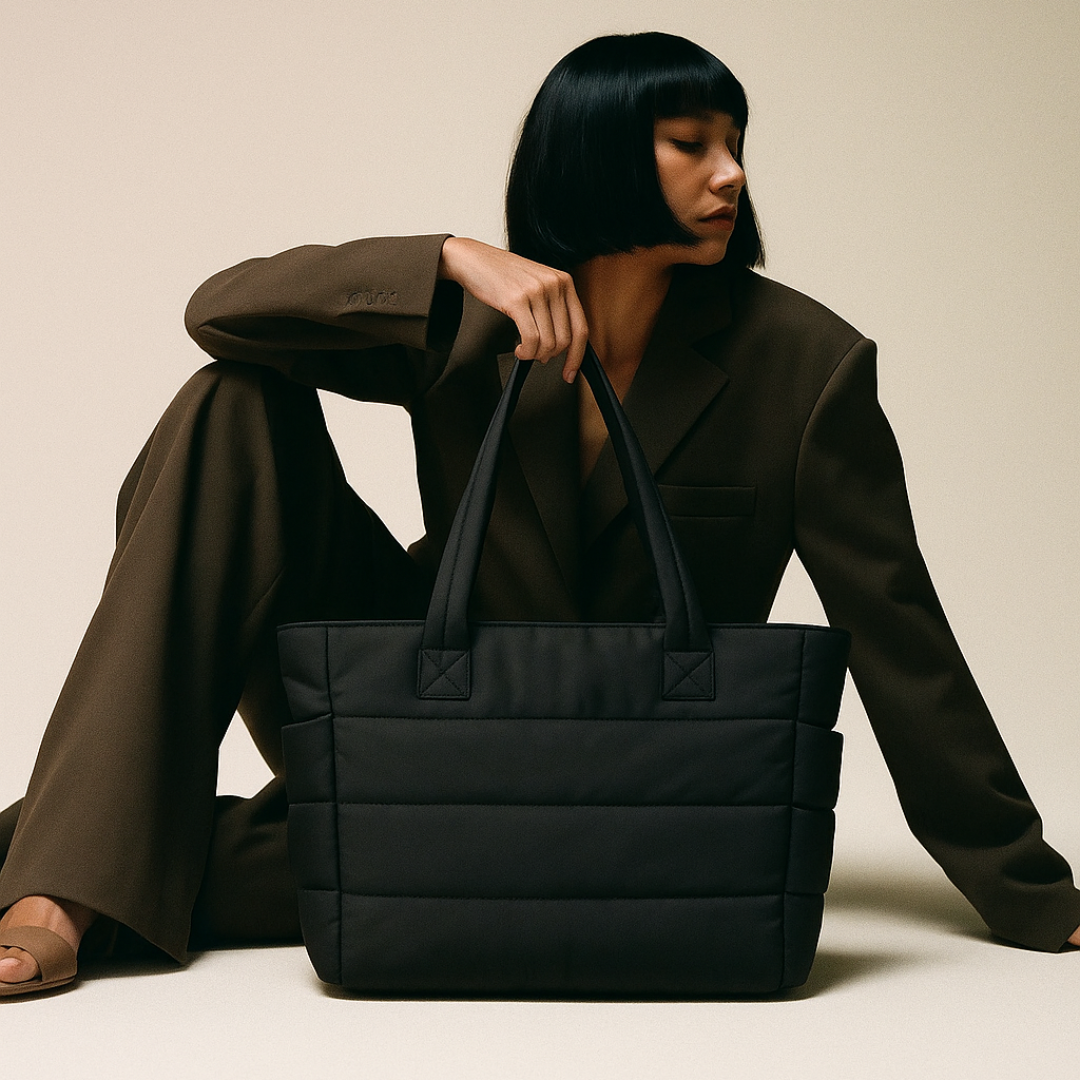 „Modelka w brązowym garniturze siedzi na podłodze, trzymając przed sobą czarną torbę Softi; widok z przodu na pikowaną torbę z długimi uchwytami na neutralnym tle.”