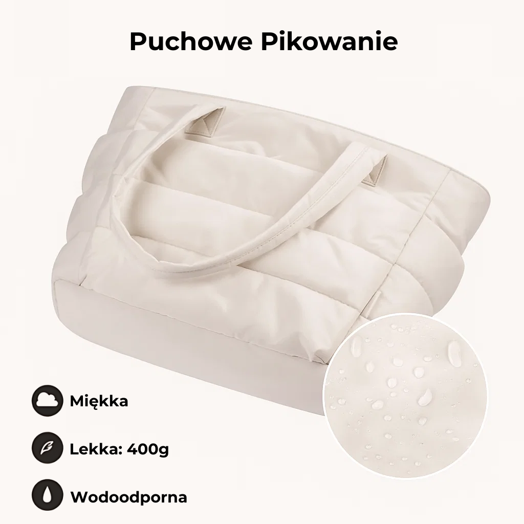„Beżowa torba Softi z puchowym pikowaniem; ikony opisują ją jako miękką, lekką i wodoodporną, a wstawka pokazuje krople wody na materiale.”
