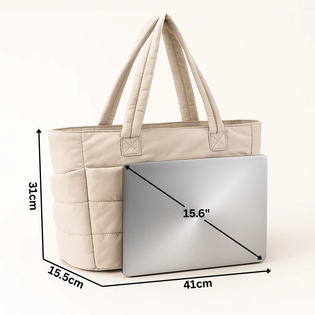 „Beżowa torba Softi z wymiarami 41×31×15,5 cm, pojemnością 20 l i wagą 550 g; obok laptop 15,6 cala podkreśla, że torba pomieści komputer.”