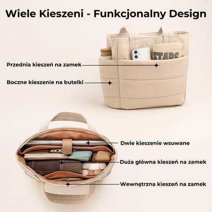 „Beżowa torba Softi z wieloma kieszeniami: przednia na zamek, boczne na butelki, dwie wsuwane kieszenie, duża komora główna i kieszeń wewnętrzna na zamek.”